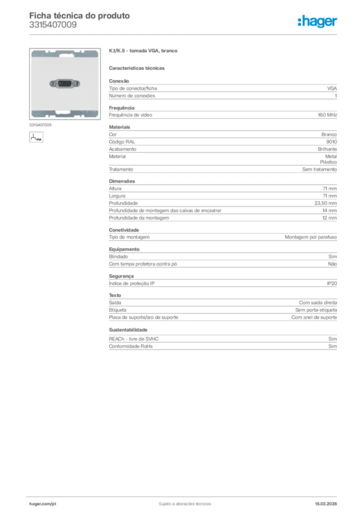 Imagem Hager Ficha técnica do produto 3315407009 | Hager Portugal