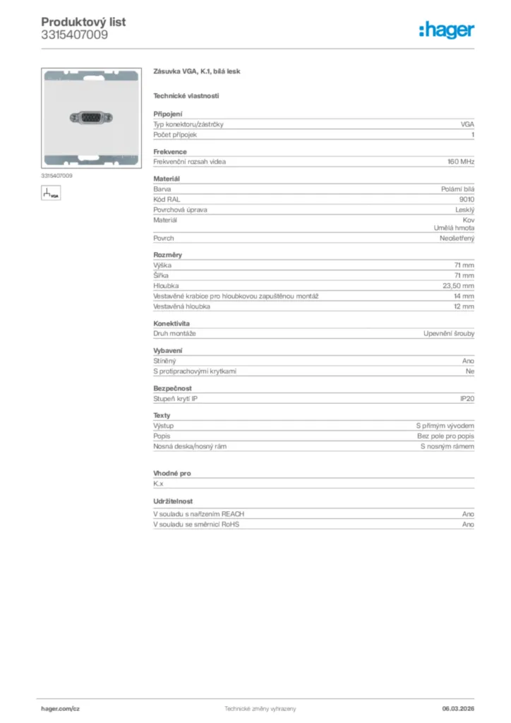 Obrázek Hager Product data sheet 3315407009 | Hager