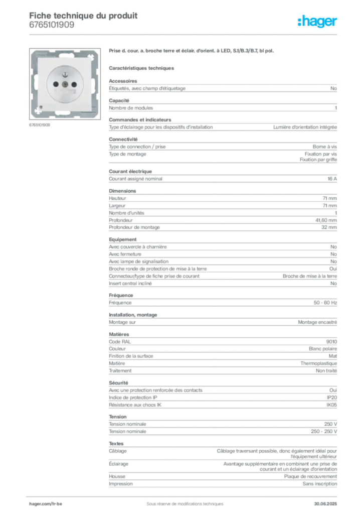 Image Hager Fiche technique du produit 6765101909 | Hager Belgique