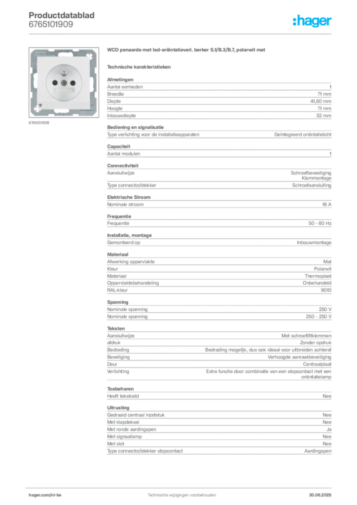 Afbeelding Hager Productdatablad 6765101909 | Hager Belgium