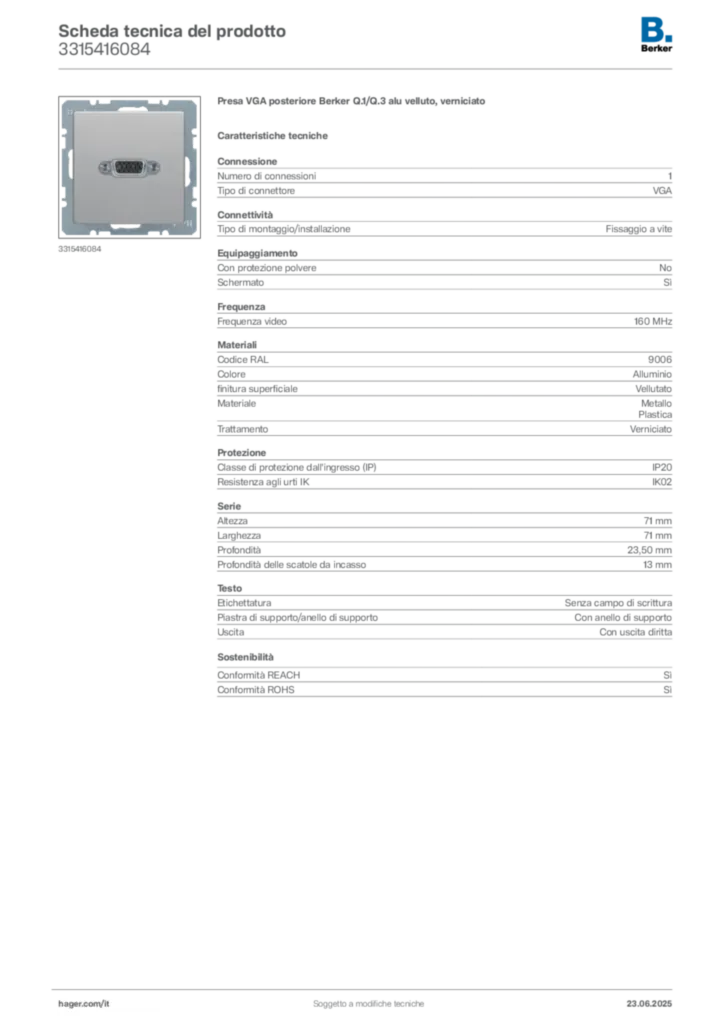 Immagine Berker Scheda tecnica del prodotto 3315416084 | Hager Italia