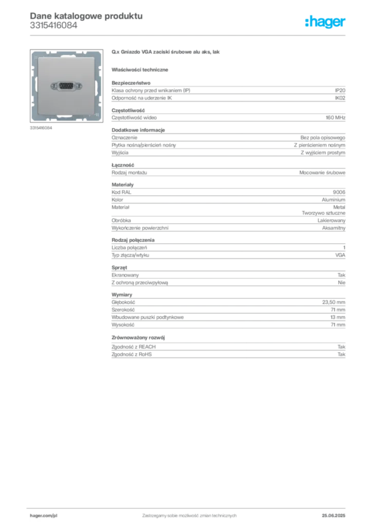 Zdjęcie Hager Dane katalogowe produktu 3315416084 | Hager Polska