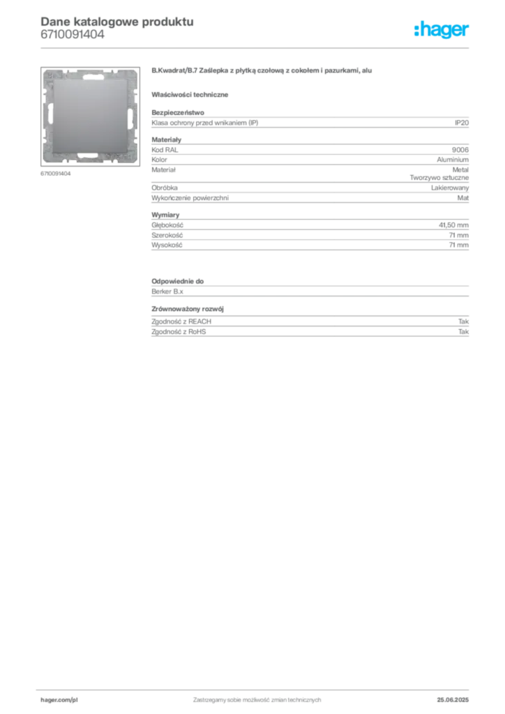 Zdjęcie Hager Dane katalogowe produktu 6710091404 | Hager Polska