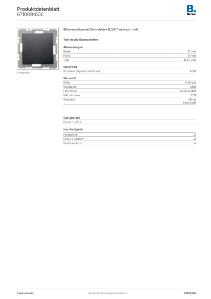 Bild Berker Produktdatenblatt 6710091606 | Hager Deutschland