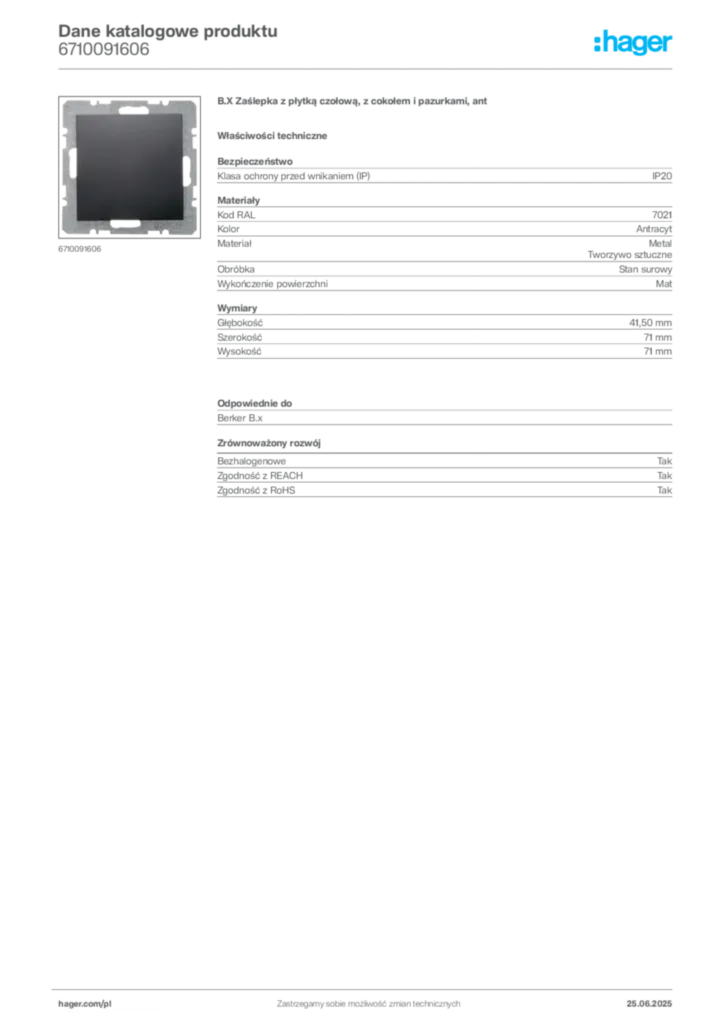 Zdjęcie Hager Dane katalogowe produktu 6710091606 | Hager Polska