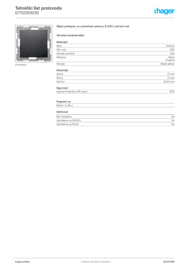 Slika Hager Product data sheet 6710091606  | Hager