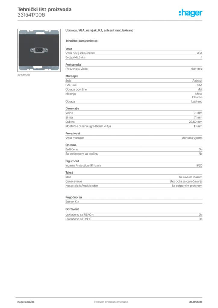 Slika Hager Product data sheet 3315417006  | Hager