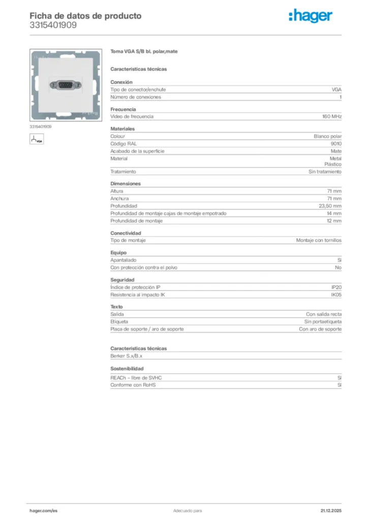 Imagen Hager Ficha de datos de producto 3315401909 | Hager España