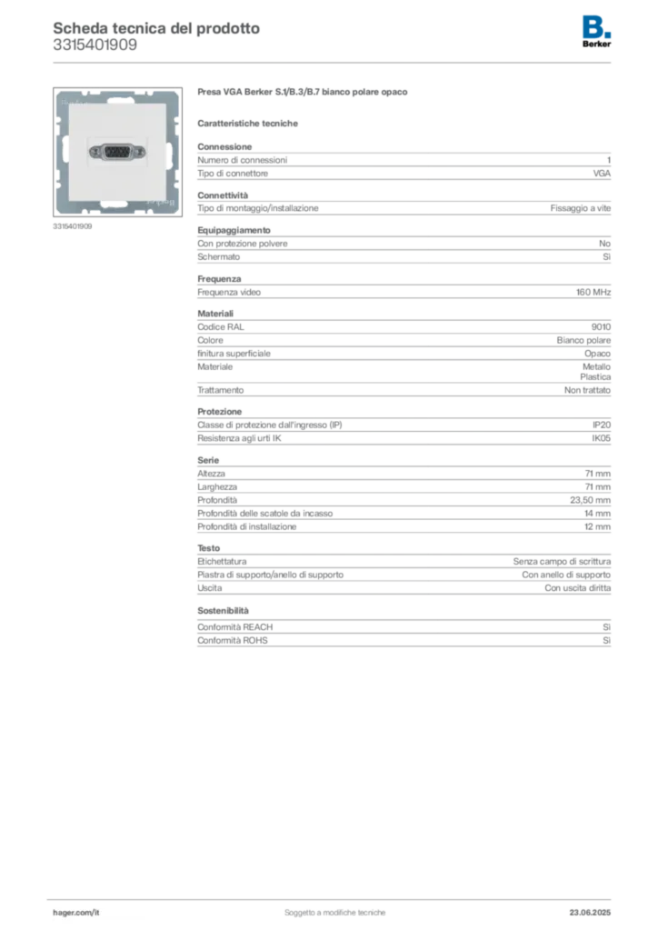 Immagine Berker Scheda tecnica del prodotto 3315401909 | Hager Italia