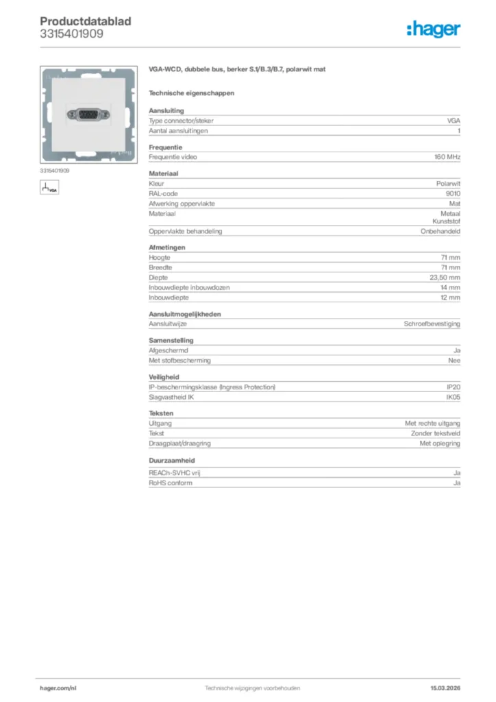 Afbeelding Hager Productdatablad 3315401909 | Hager Nederland