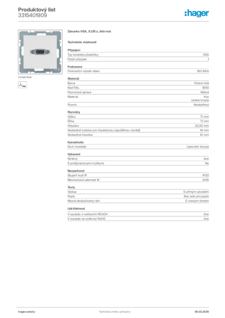 Obrázek Hager Product data sheet 3315401909 | Hager