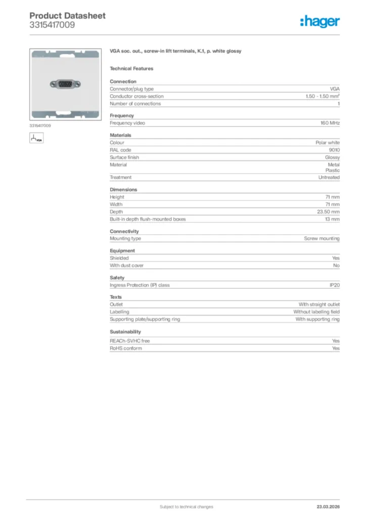 Image Hager Product data sheet 3315417009  | Hager Africa