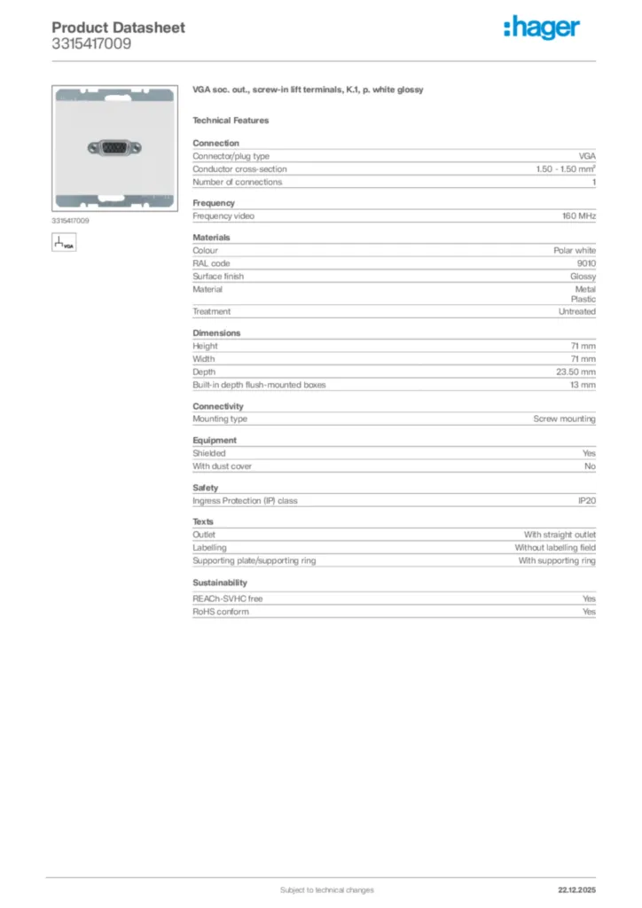 Image Hager Product data sheet 3315417009  | Hager Africa