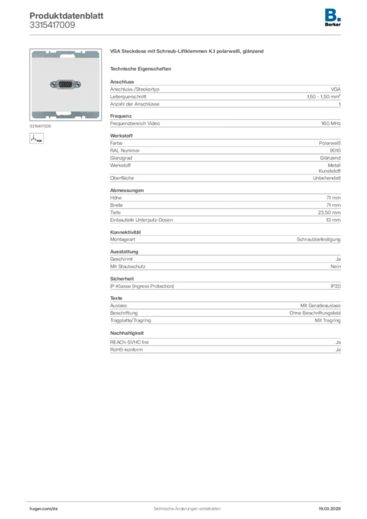 Bild Berker Produktdatenblatt 3315417009 | Hager Deutschland