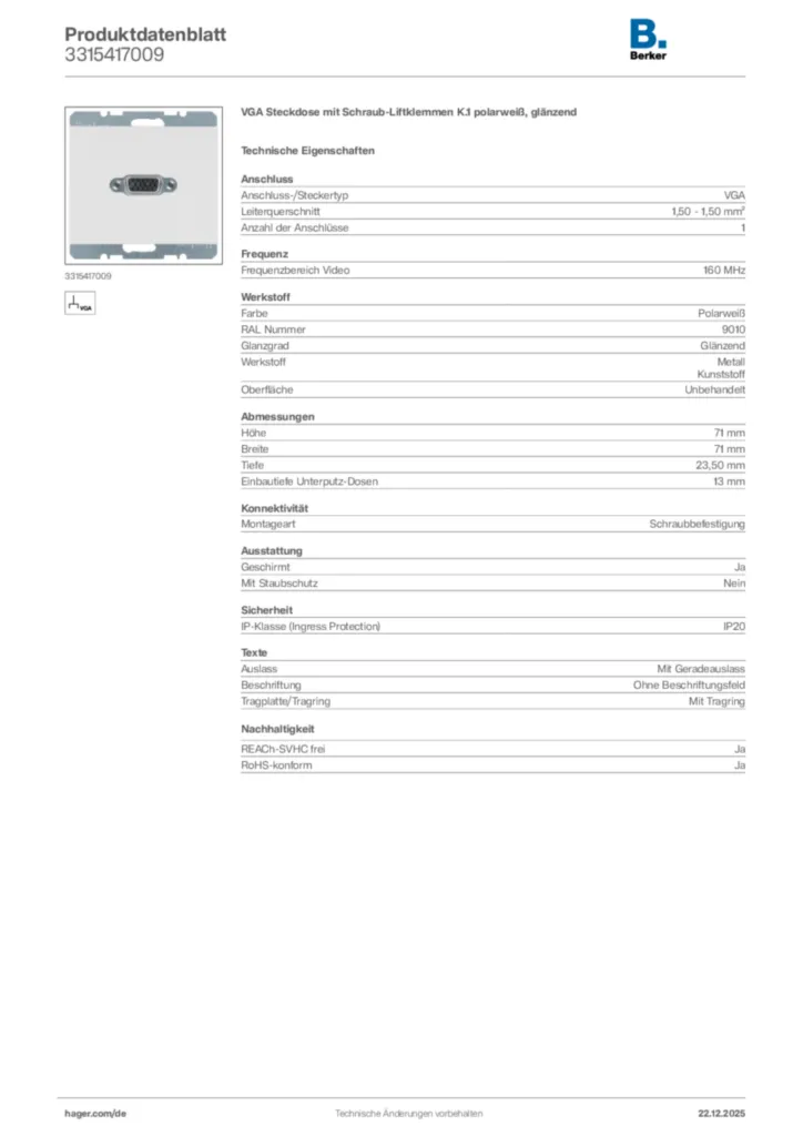 Bild Berker Produktdatenblatt 3315417009 | Hager Deutschland