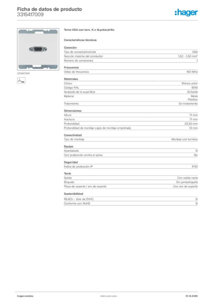 Imagen Hager Ficha de datos de producto 3315417009 | Hager España
