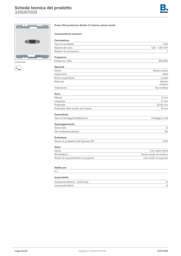 Immagine Berker Scheda tecnica del prodotto 3315417009 | Hager Italia