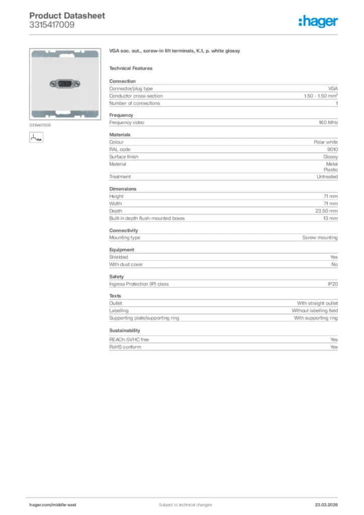 Image Hager Product data sheet 3315417009  | Hager