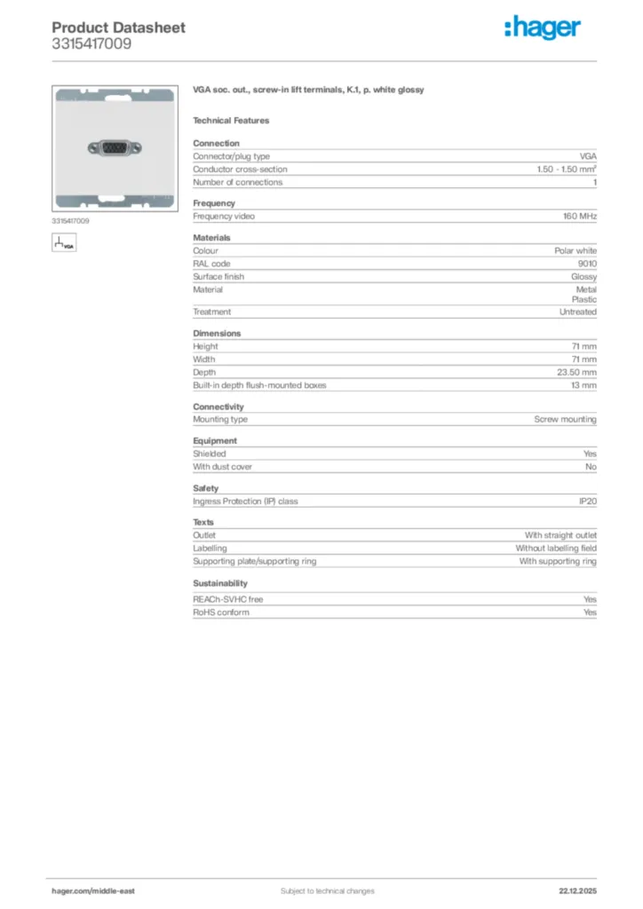 Image Hager Product data sheet 3315417009  | Hager