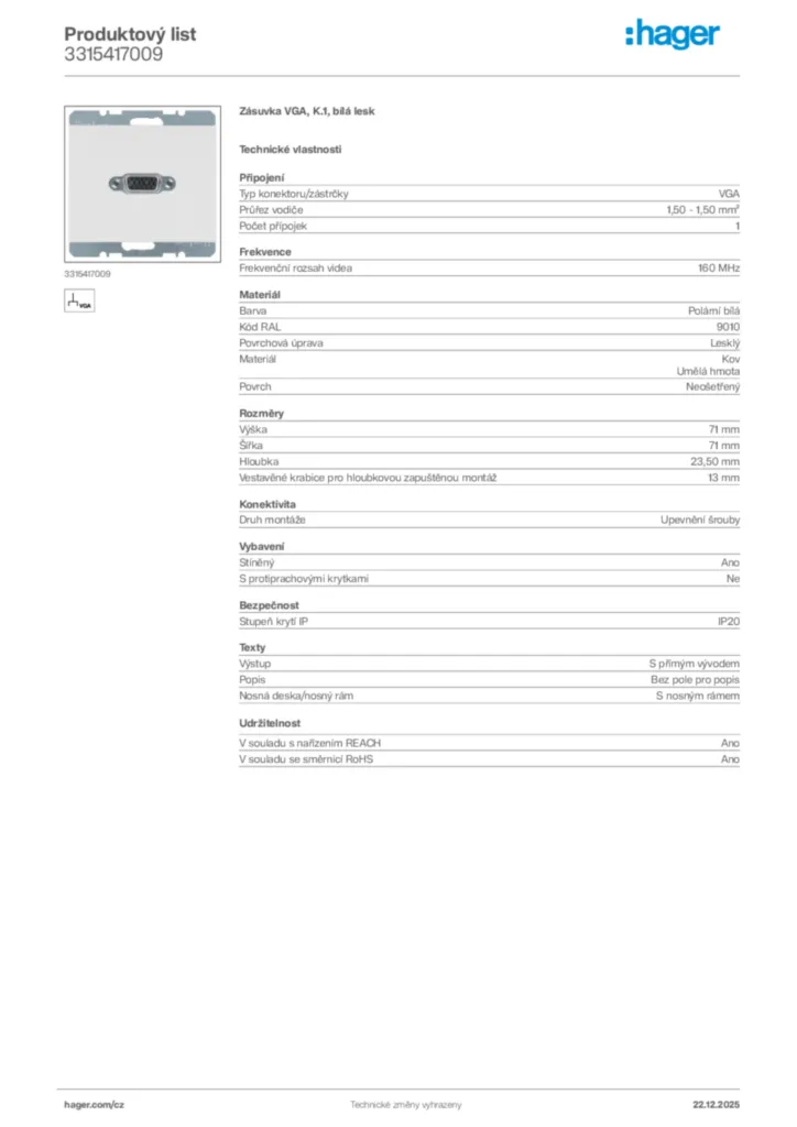 Obrázek Hager Produktový list 3315417009 | Hager