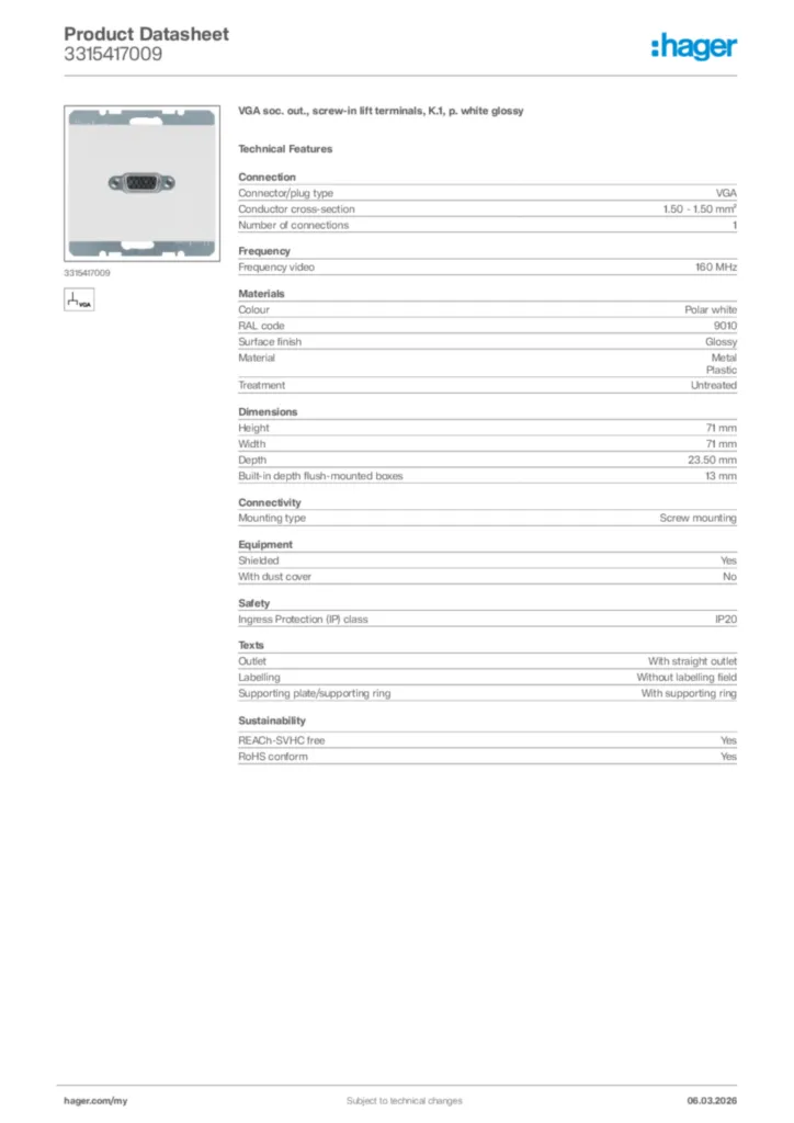 Image Hager Product data sheet 3315417009  | Hager