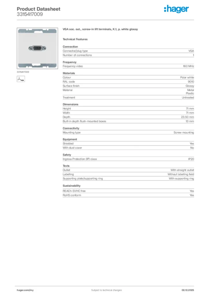 Image Hager Product data sheet 3315417009  | Hager