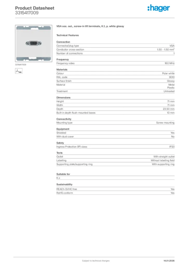 Image Hager Product data sheet 3315417009  | Hager