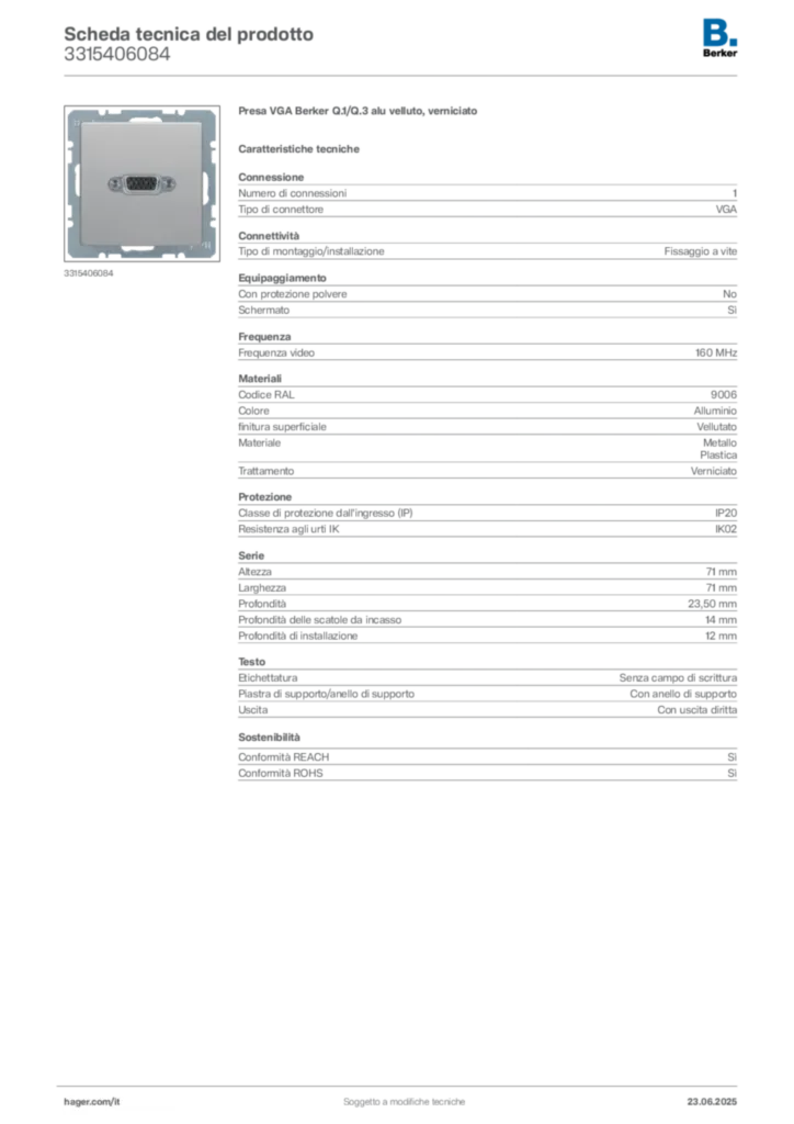 Immagine Berker Scheda tecnica del prodotto 3315406084 | Hager Italia
