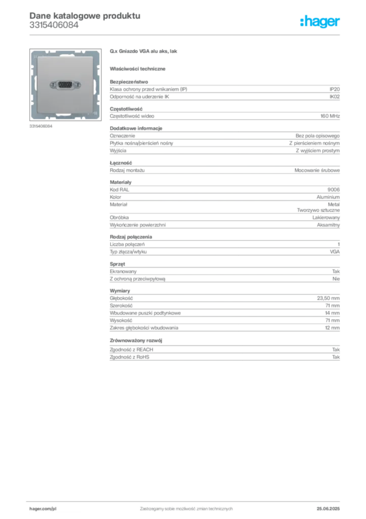 Zdjęcie Hager Dane katalogowe produktu 3315406084 | Hager Polska