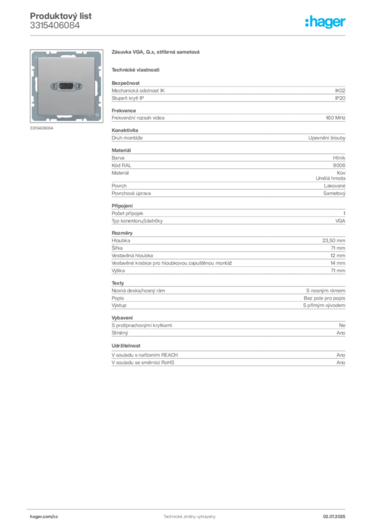 Obrázek Hager Produktový list 3315406084 | Hager
