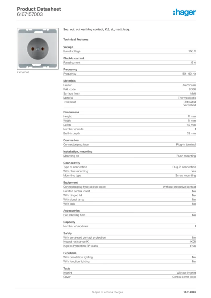 Image Hager Product data sheet 6167157003  | Hager
