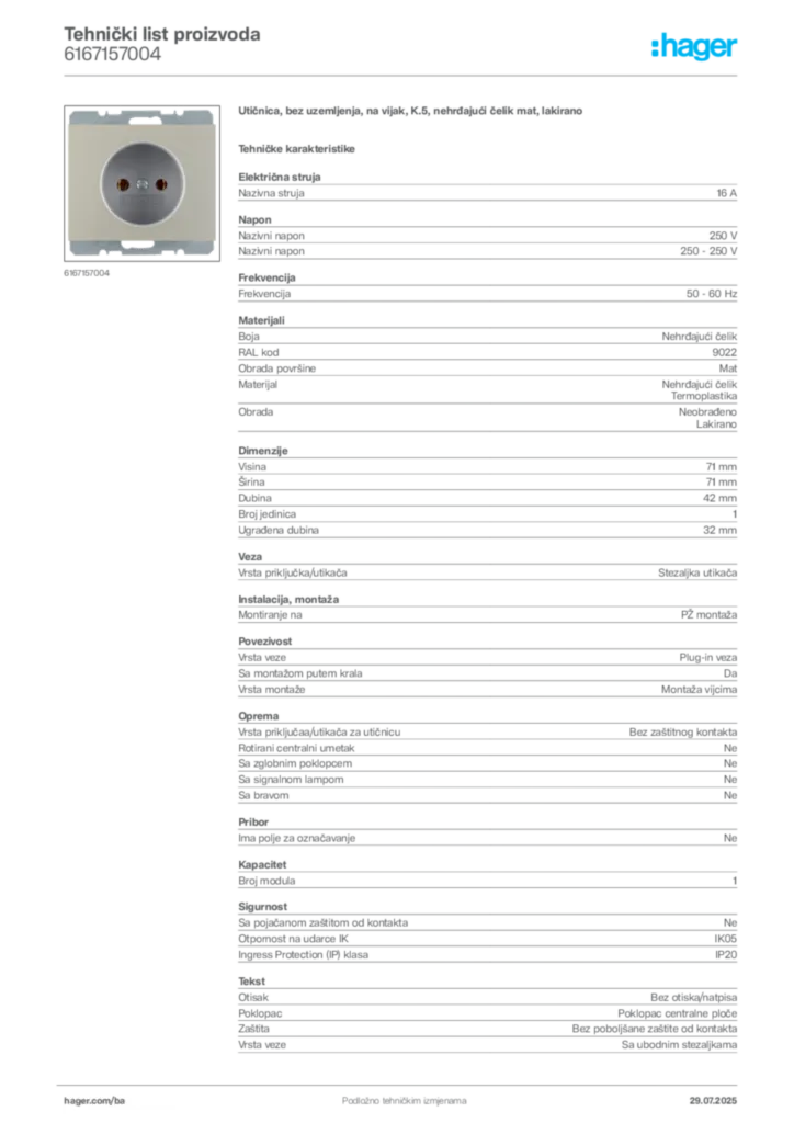 Slika Hager Product data sheet 6167157004  | Hager