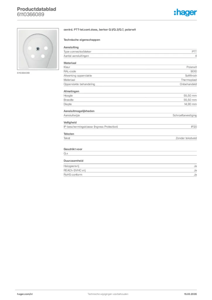 Afbeelding Hager Productdatablad 6110366089 | Hager Nederland