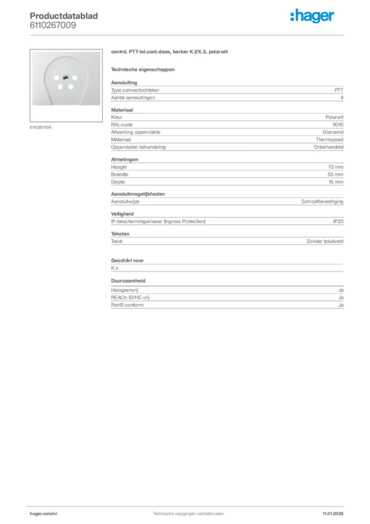 Afbeelding Hager Productdatablad 6110267009 | Hager Nederland