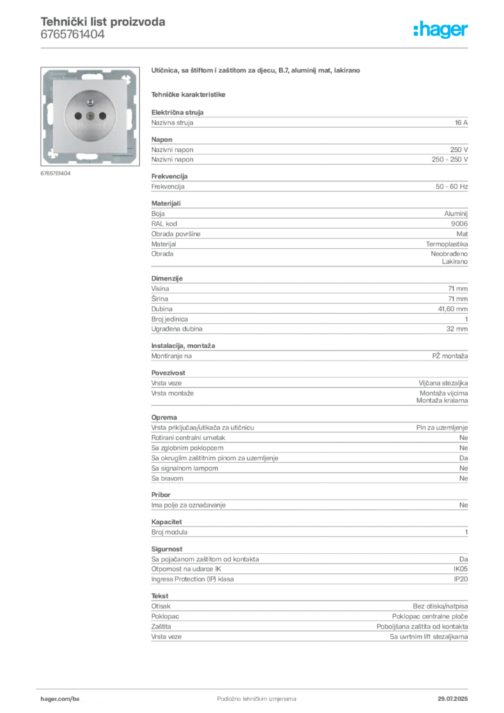 Slika Hager Product data sheet 6765761404  | Hager