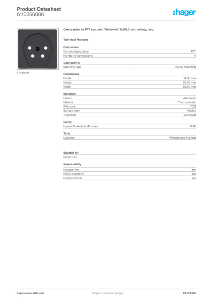 Image Hager Product data sheet 6110366086  | Hager
