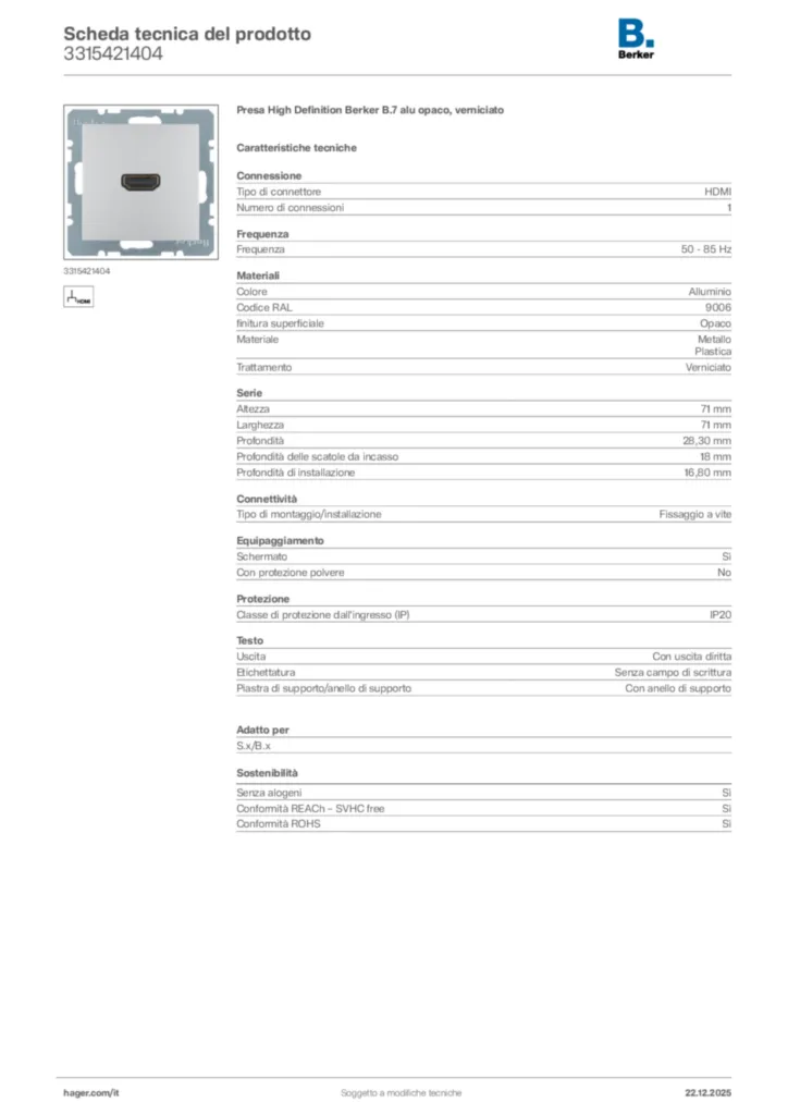 Immagine Berker Scheda tecnica del prodotto 3315421404 | Hager Italia