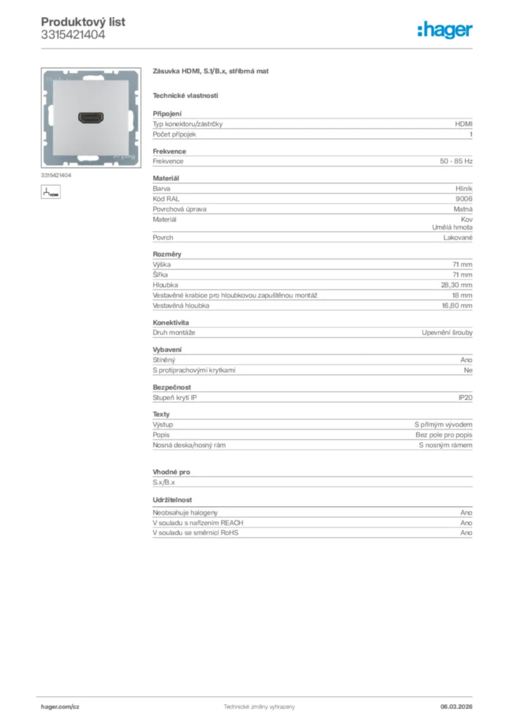 Obrázek Hager Product data sheet 3315421404 | Hager