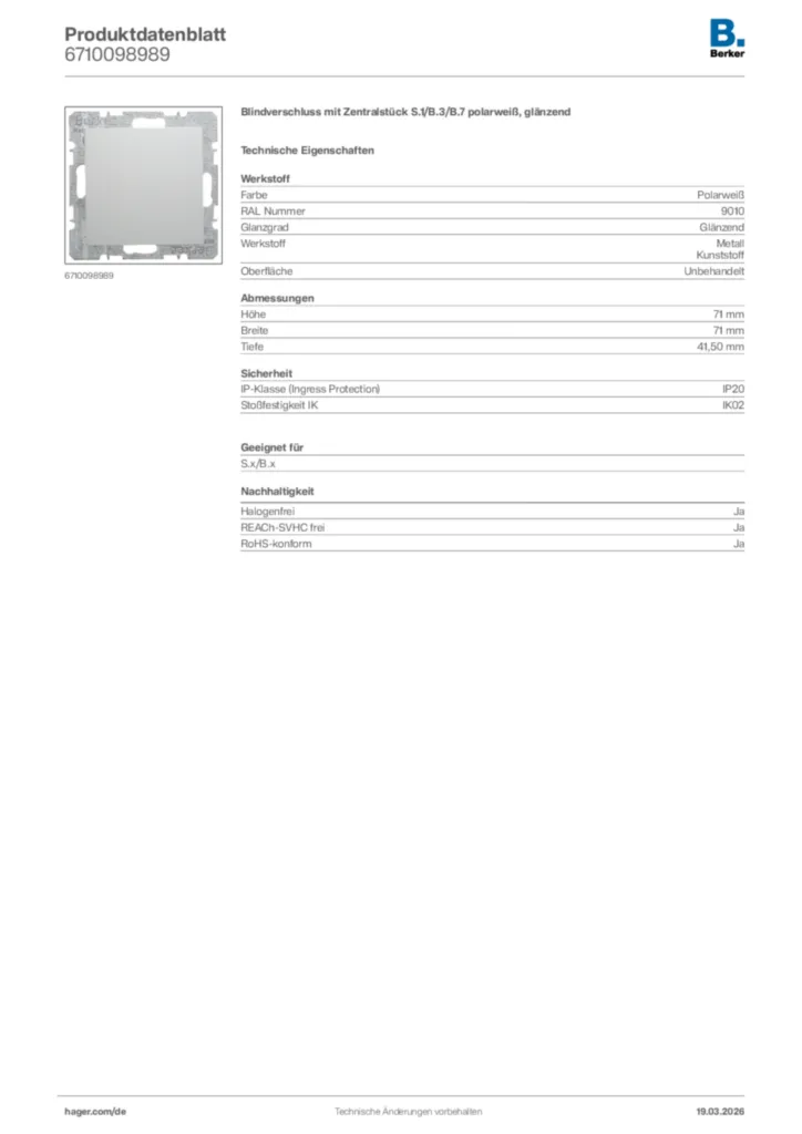 Bild Berker Produktdatenblatt 6710098989 | Hager Deutschland