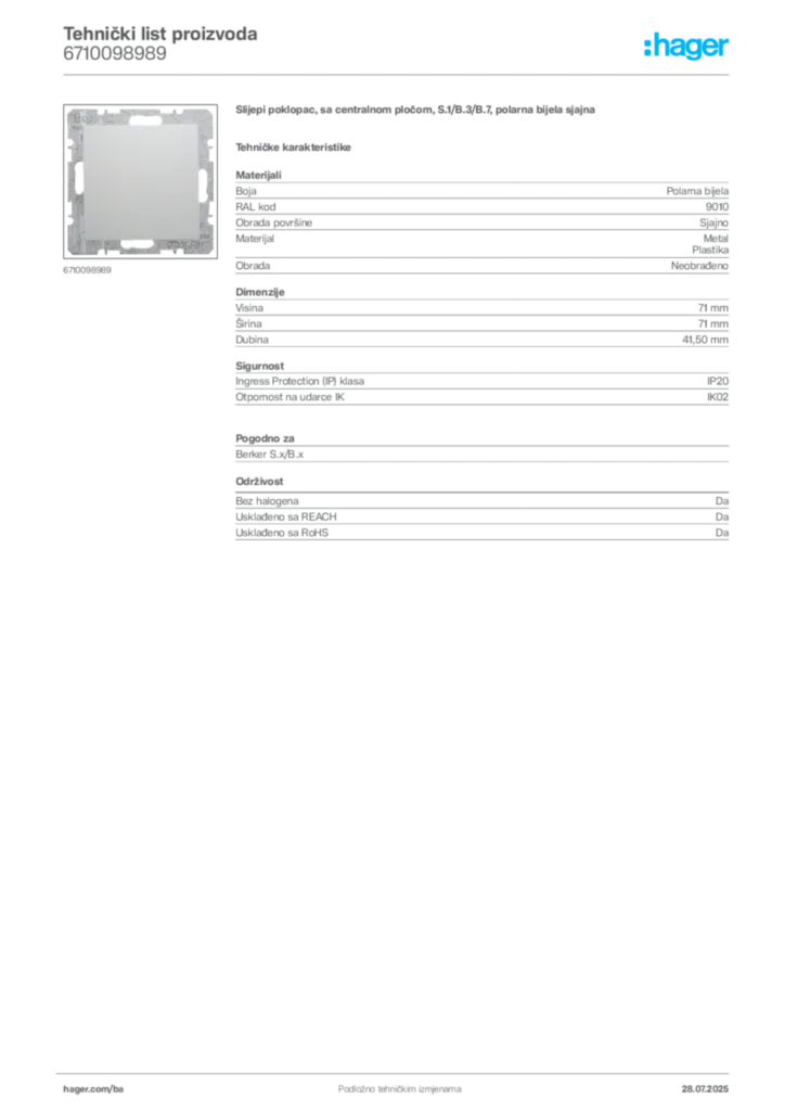 Slika Hager Product data sheet 6710098989  | Hager