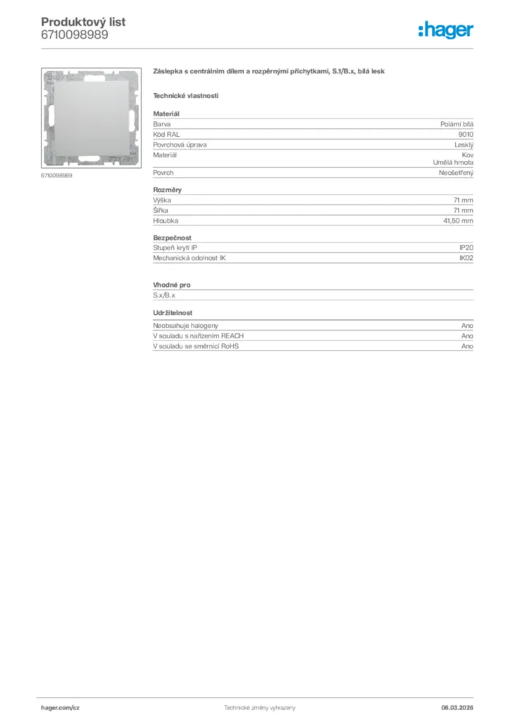 Obrázek Hager Product data sheet 6710098989 | Hager