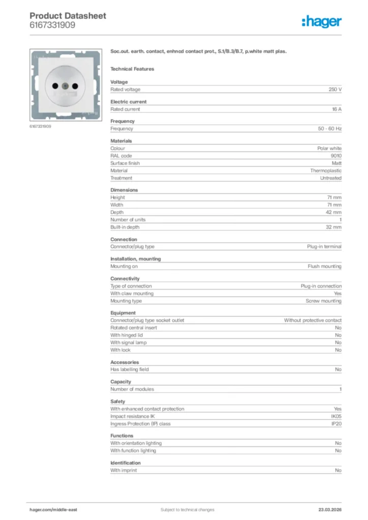 Image Hager Product data sheet 6167331909  | Hager