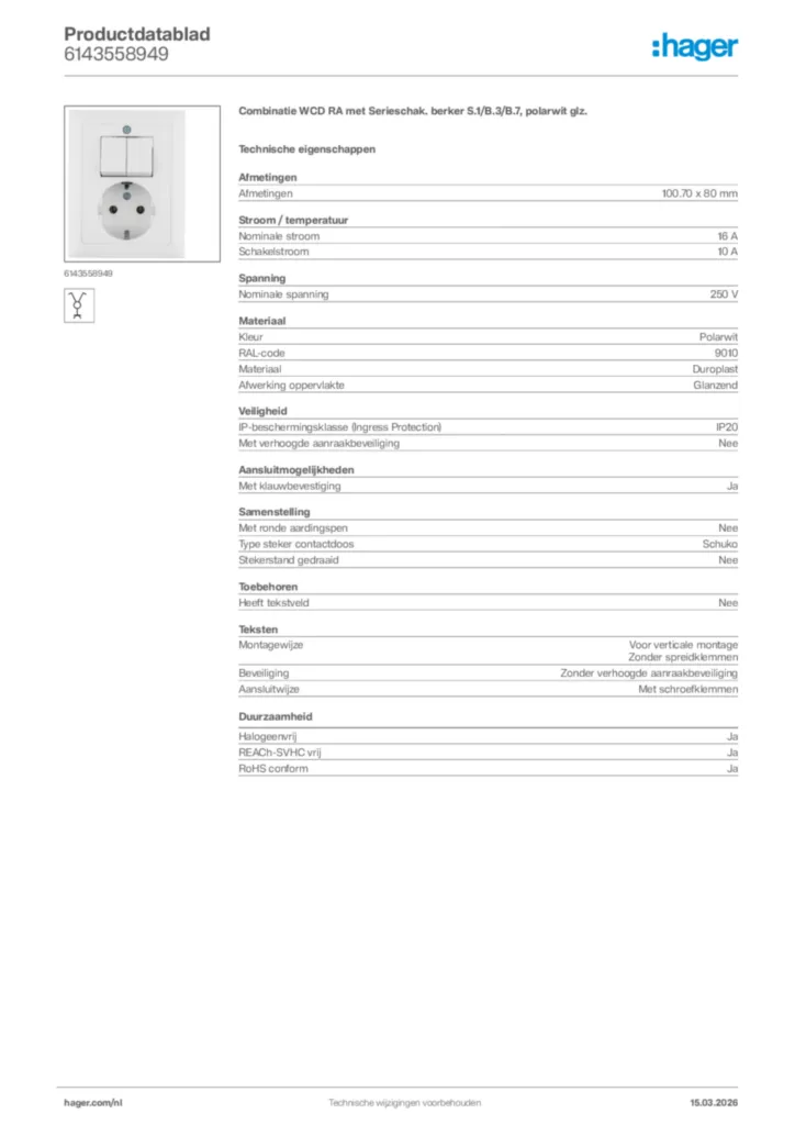 Afbeelding Hager Productdatablad 6143558949 | Hager Nederland