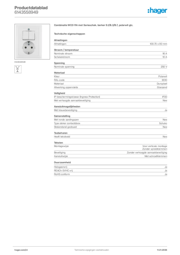Afbeelding Hager Productdatablad 6143558949 | Hager Nederland
