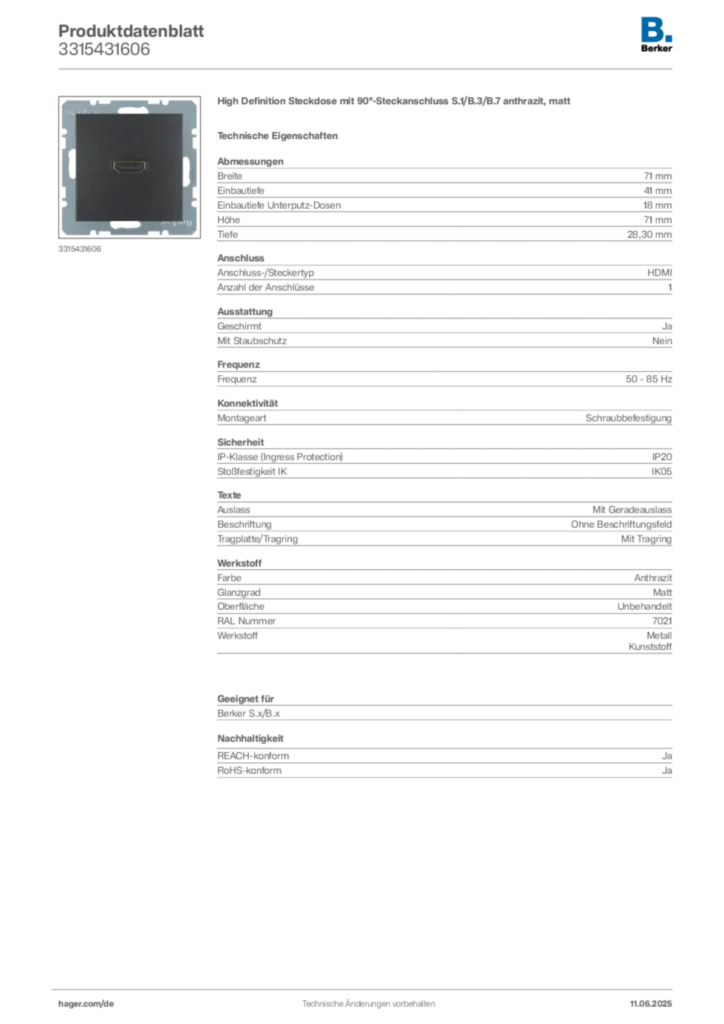 Bild Berker Produktdatenblatt 3315431606 | Hager Deutschland