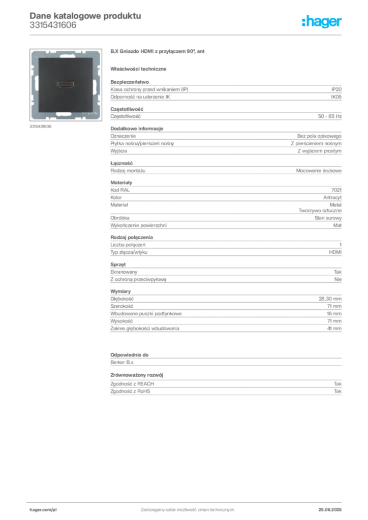 Zdjęcie Hager Dane katalogowe produktu 3315431606 | Hager Polska