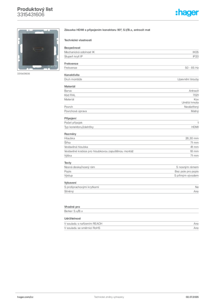 Obrázek Hager Produktový list 3315431606 | Hager