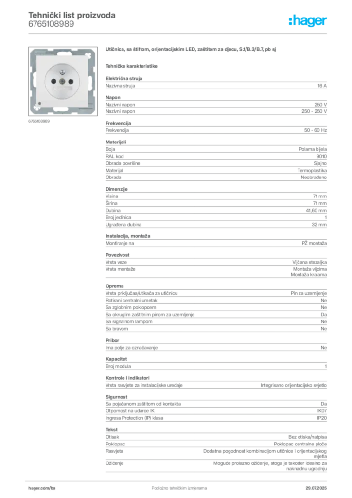 Slika Hager Product data sheet 6765108989  | Hager