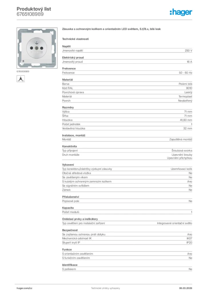 Obrázek Hager Product data sheet 6765108989 | Hager