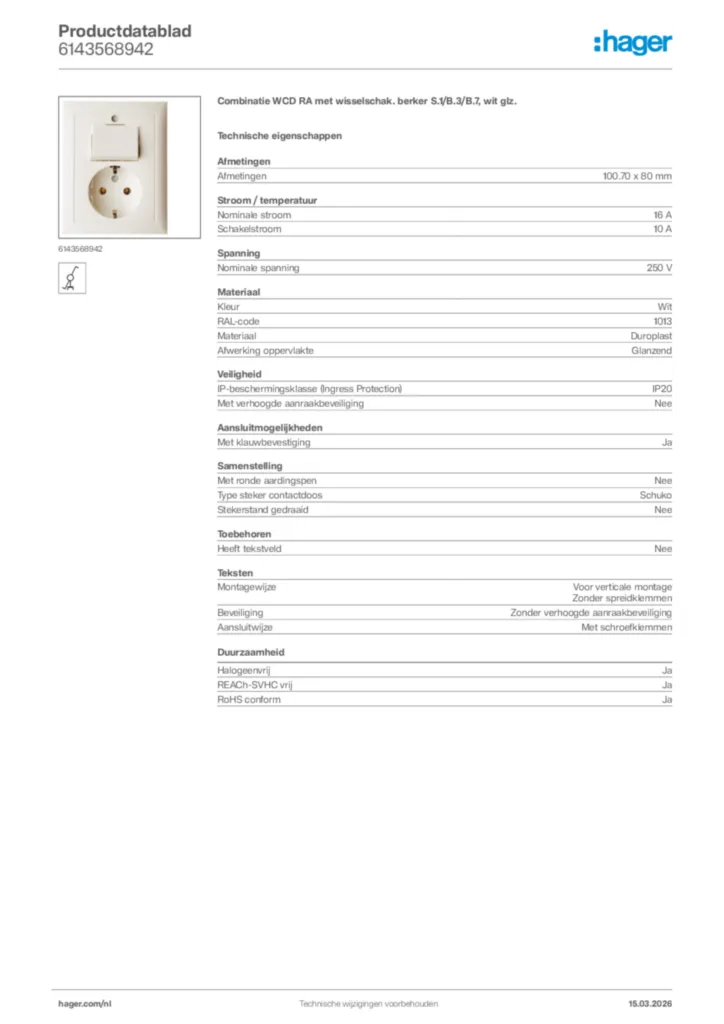 Afbeelding Hager Productdatablad 6143568942 | Hager Nederland